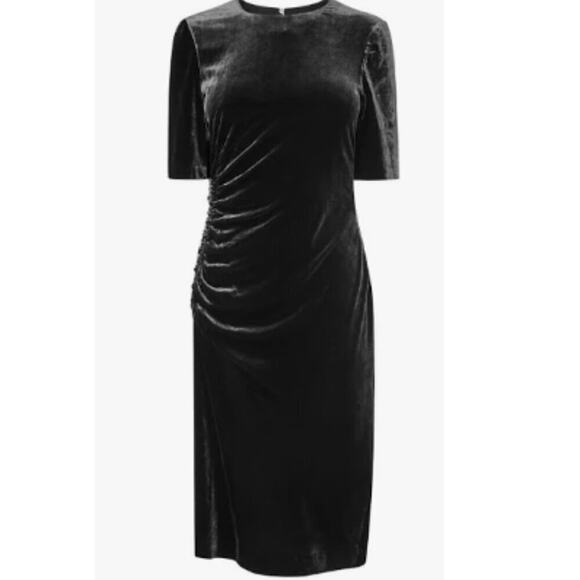 LK Bennett "Dr Kara" Black Velvet Ruched Round Neck Midi Dress Silk Blend US 4 - Picture 1 of 13